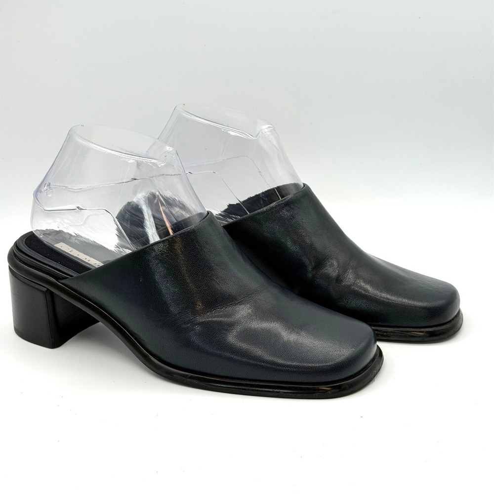 Nine West Cloud 9 Navy Leather Mules Womens 7.5M Square Toe Block Heel Y2K